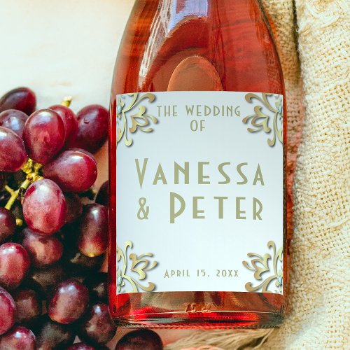 Elegant Gold Baroque Border On Silver Wedding  Wine Label