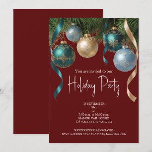 Elegant Gold Baubles Christmas Tree Party Invitation