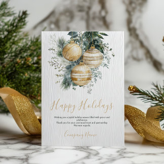 Elegant Gold Baubles Greenery Corporate Christmas Holiday Card