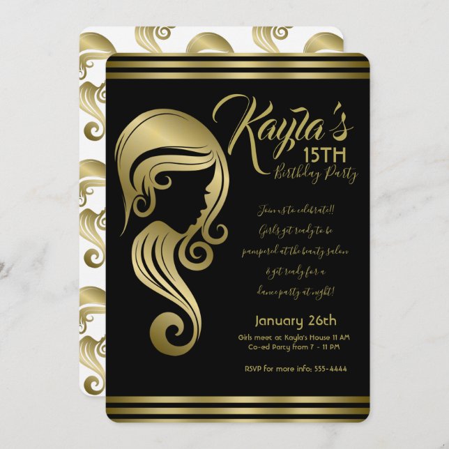 Elegant Gold Beauty Girl Hair & Makeup Salon Party Invitation (Front/Back)