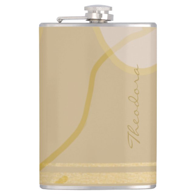 Elegant Gold Beige Abstract Floral Pattern Flask (Front)