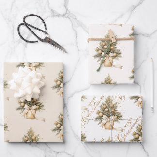 Elegant Gold Beige Christmas Tree Calligraphy Wrapping Paper Sheets