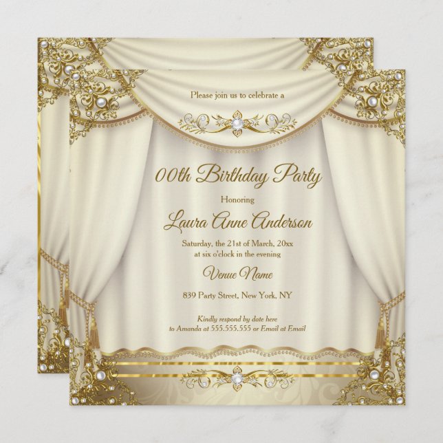 Elegant Gold Beige Cream Pearl Drapes Birthday Invitation (Front/Back)