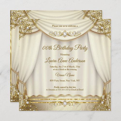 Elegant Gold Beige Cream Pearl Drapes Birthday Invitation