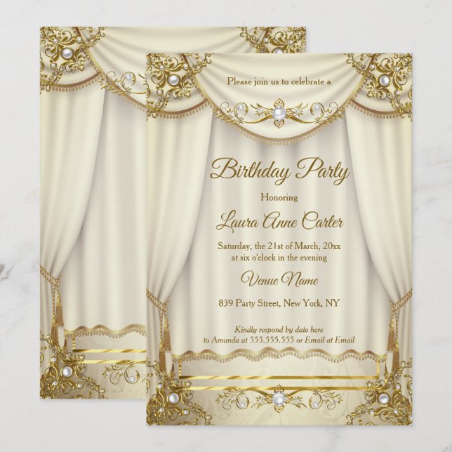 Elegant Gold Beige Cream Pearl Drapes party Invitation (Front/Back)