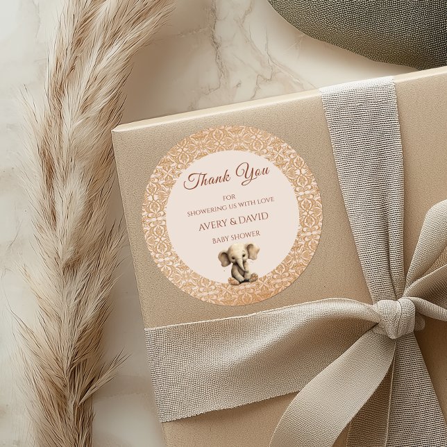 Elegant Gold Beige Elephant Baby Shower Classic Round Sticker (Creator Uploaded)