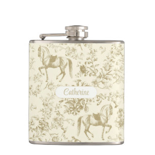 Elegant Gold Beige Equestrian Floral Toile Name Flask