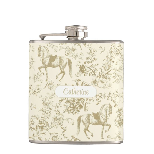 Elegant Gold Beige Equestrian Floral Toile Name Flask (Front)