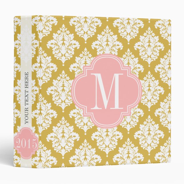Elegant Gold Beige Mint Damask Personalized 3 Ring Binder (Front/Spine)