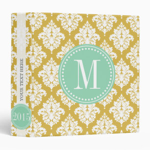 Elegant Gold Beige Mint Damask Personalized Binder