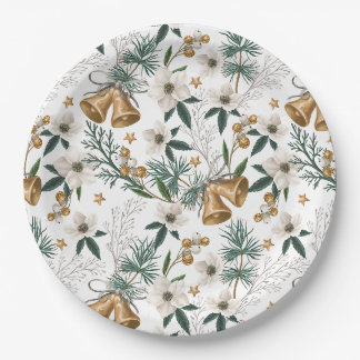 Elegant Gold Bells & White Winter Floral Pattern Paper Plates
