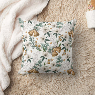 Elegant Gold Bells & White Winter Floral Pattern Throw Pillow