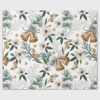 Elegant Gold Bells & White Winter Floral Pattern Wrapping Paper