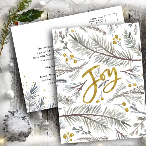 Elegant Gold Berry Pine Bough Watercolor Floral Holiday Postcard