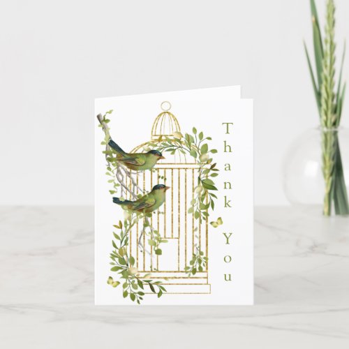 Elegant Gold Bird Cage with Birds on a Branch Thank You Card