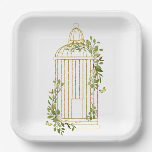 Elegant Gold Bird Cage with Foliage Paper Plate