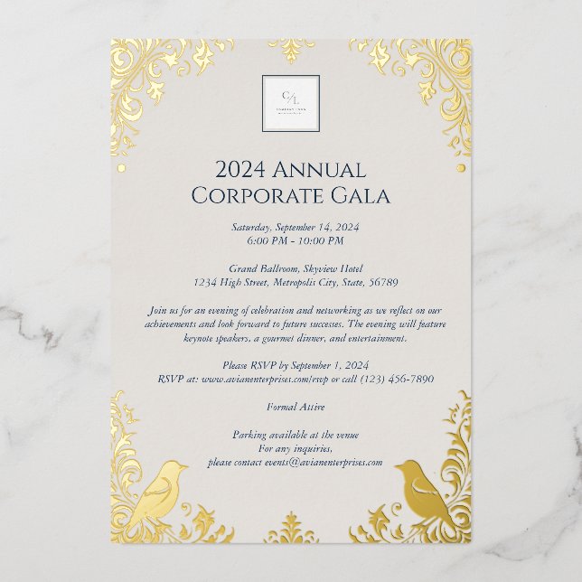 Elegant Gold Bird & Floral Corporate Event Foil Invitation (Front)