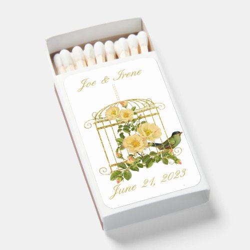 Elegant Gold Birdcage with Flowers and Bird Matchboxes