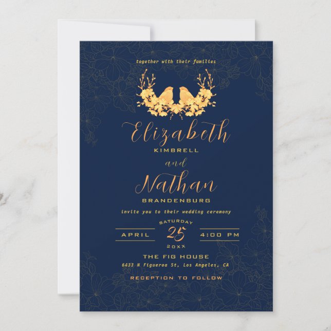 Elegant Gold Birds Floral Navy Blue Wedding Invitation (Front)