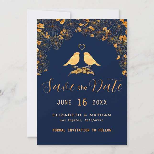 Elegant Gold Birds Navy Blue Floral Pattern Save The Date (Front)