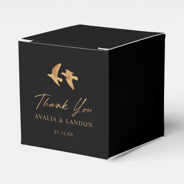 Elegant Gold Birds on Black | Wedding  Favor Boxes (Front Side)