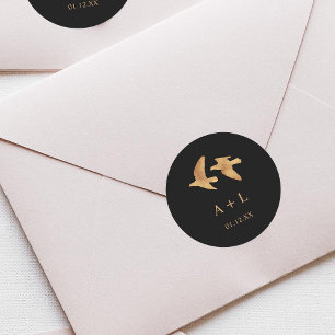 Elegant Gold Birds Wedding Monogram Classic Round Sticker