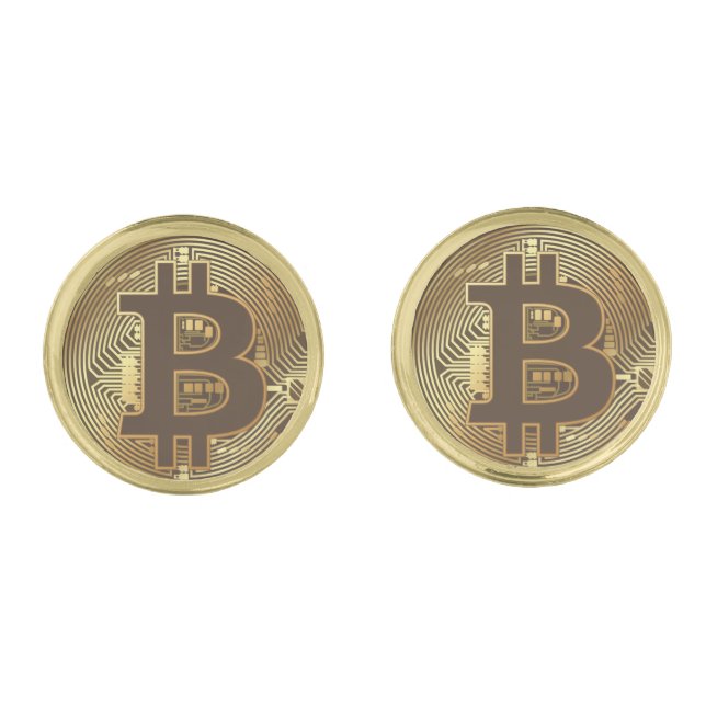Elegant Gold Bitcoin Currency Icon Cufflinks (Front)