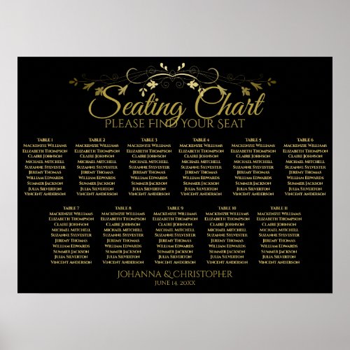 Elegant Gold Black 11 Table Wedding Seating Chart
