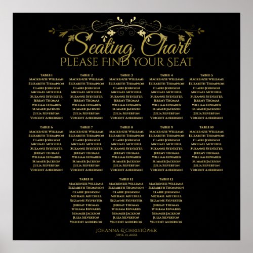 Elegant Gold Black 13 Table Wedding Seating Chart