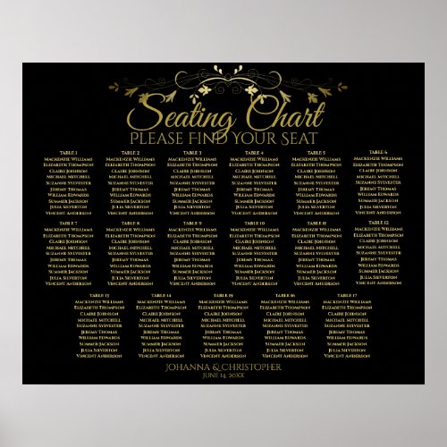 Elegant Gold Black 17 Table Wedding Seating Chart