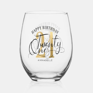 Elegant Gold & Black 21st Birthday  Stemless Wine Glass