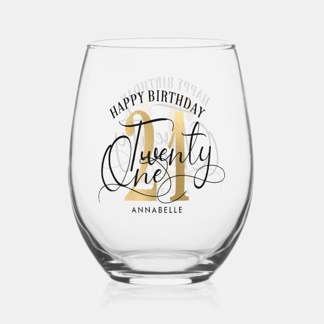 Elegant Gold & Black 21st Birthday  Stemless Wine Glass (Front)