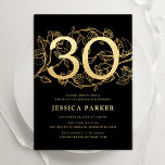 Elegant Gold Black 30th Birthday Invitation<br><div class="desc">Elegant gold black 30th birthday party invitation. Customizable modern feminine design featuring roses botanical accents and faux glitter gold. Simple floral invite card perfect for a stylish female bday celebration. Personalize with your own details. Printed Zazzle invitations or instant download digital printable template.</div>