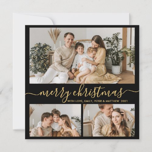 Elegant Gold Black 3 Photo Collage Christmas Holiday Card