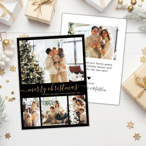 Elegant Gold Black 4 Photo Collage Christmas Holiday Card