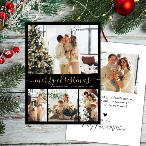 Elegant Gold Black 4 Photo Collage Christmas Holiday Card