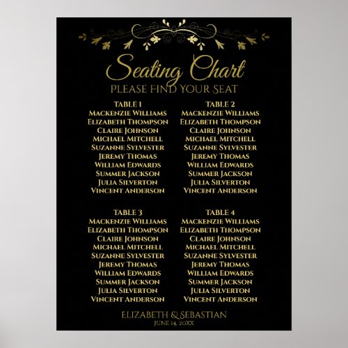 Elegant Gold  Black 4 Table Wedding Seating Chart