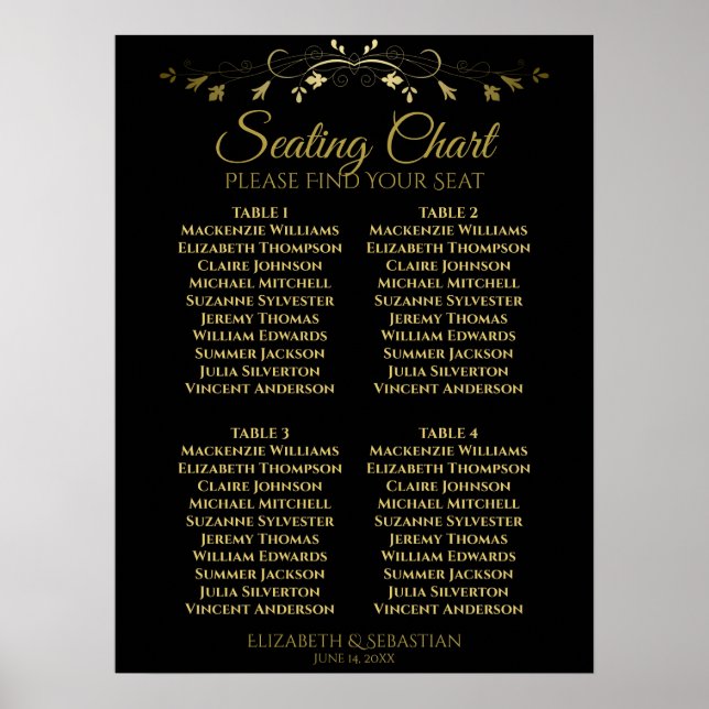Elegant Gold & Black 4 Table Wedding Seating Chart (Front)