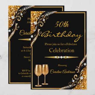 Elegant Gold Black 50th Birthday Party Goblets Invitation