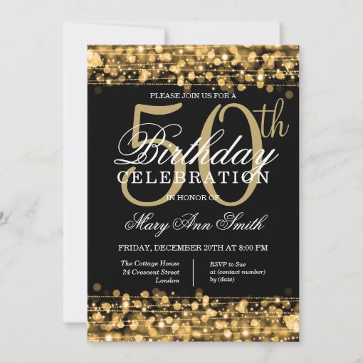 Elegant Gold & Black 50th Birthday Party Sparkles Invitation | Zazzle