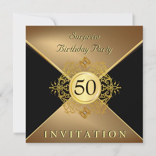 Elegant Gold Black 50th Birthday Surprise Party In Invitation