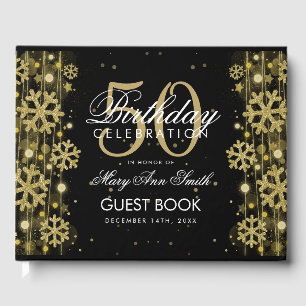 Elegant Gold Black 50th Birthday Winter Glitter Guest Book