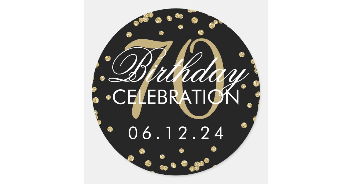 Elegant Gold Black 70th Birthday Glitter Confetti Classic Round Sticker | Zazzle.com