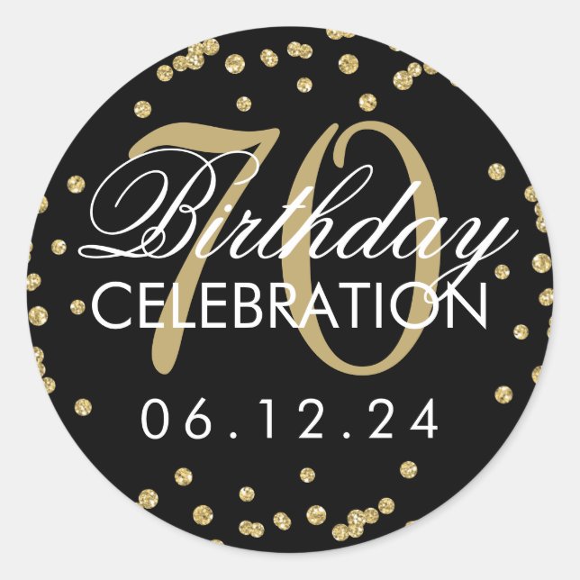 Elegant Gold Black 70th Birthday Glitter Confetti Classic Round Sticker (Front)
