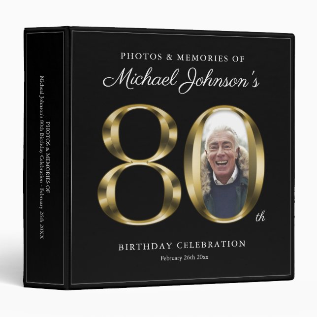 Elegant Gold Black 80th Birthday Custom Photo  3 Ring Binder (Front/Spine)