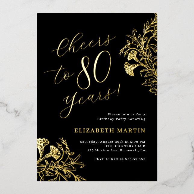 Elegant Gold Black 80th Birthday  Foil Invitation (Front)