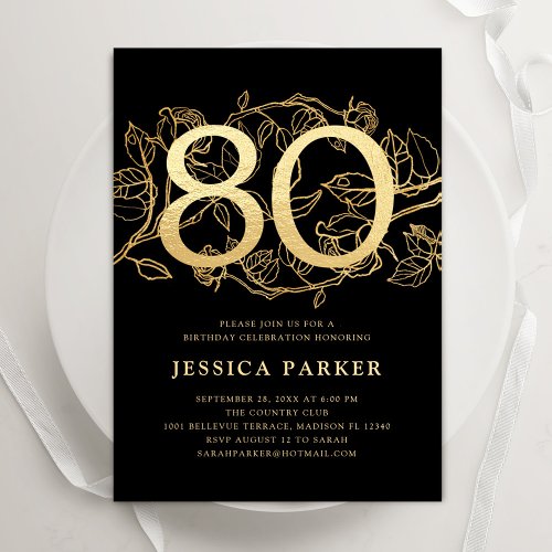 Elegant Gold Black 80th Birthday Invitation