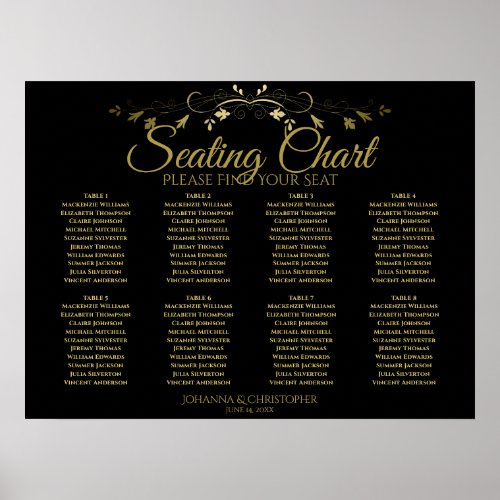 Elegant Gold  Black 8 Table Wedding Seating Chart