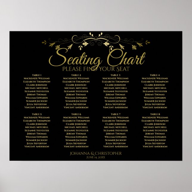 Elegant Gold & Black 8 Table Wedding Seating Chart (Front)
