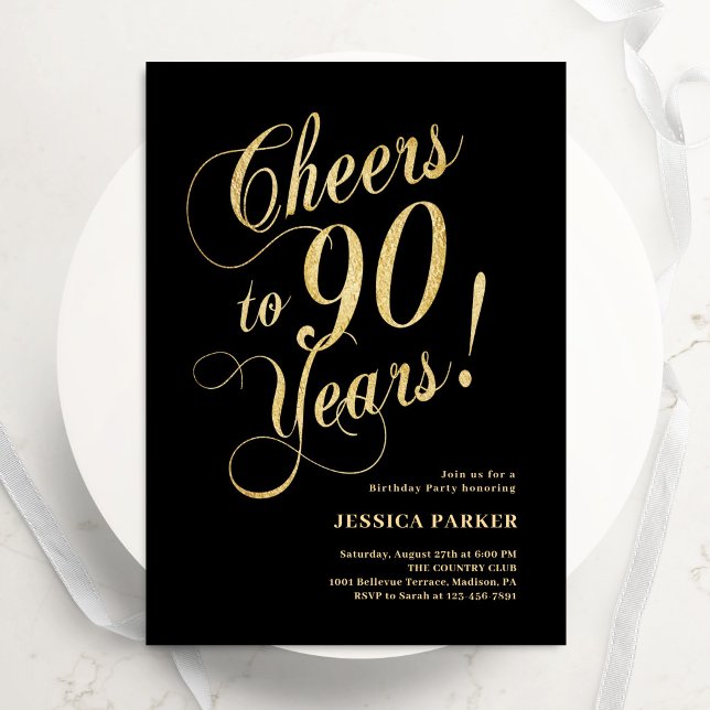 Elegant Gold Black 90th Birthday Invitation (Creator Uploaded)
